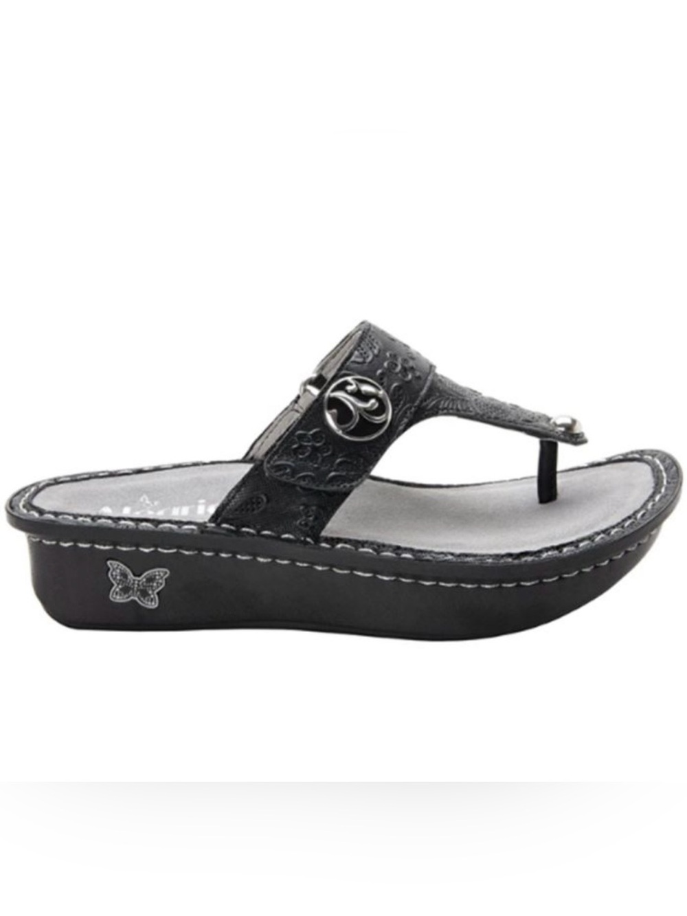 Alegria Black Snakeskin-Print Thong Sandals with Silver Accent